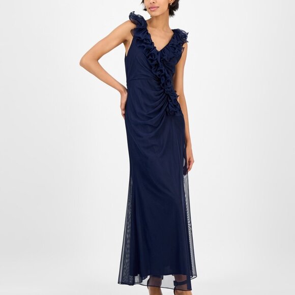 Alex Evenings Petite Ruffled Mesh V-Neck Gown β Navy NWT Size 14P - Picture 1 of 5